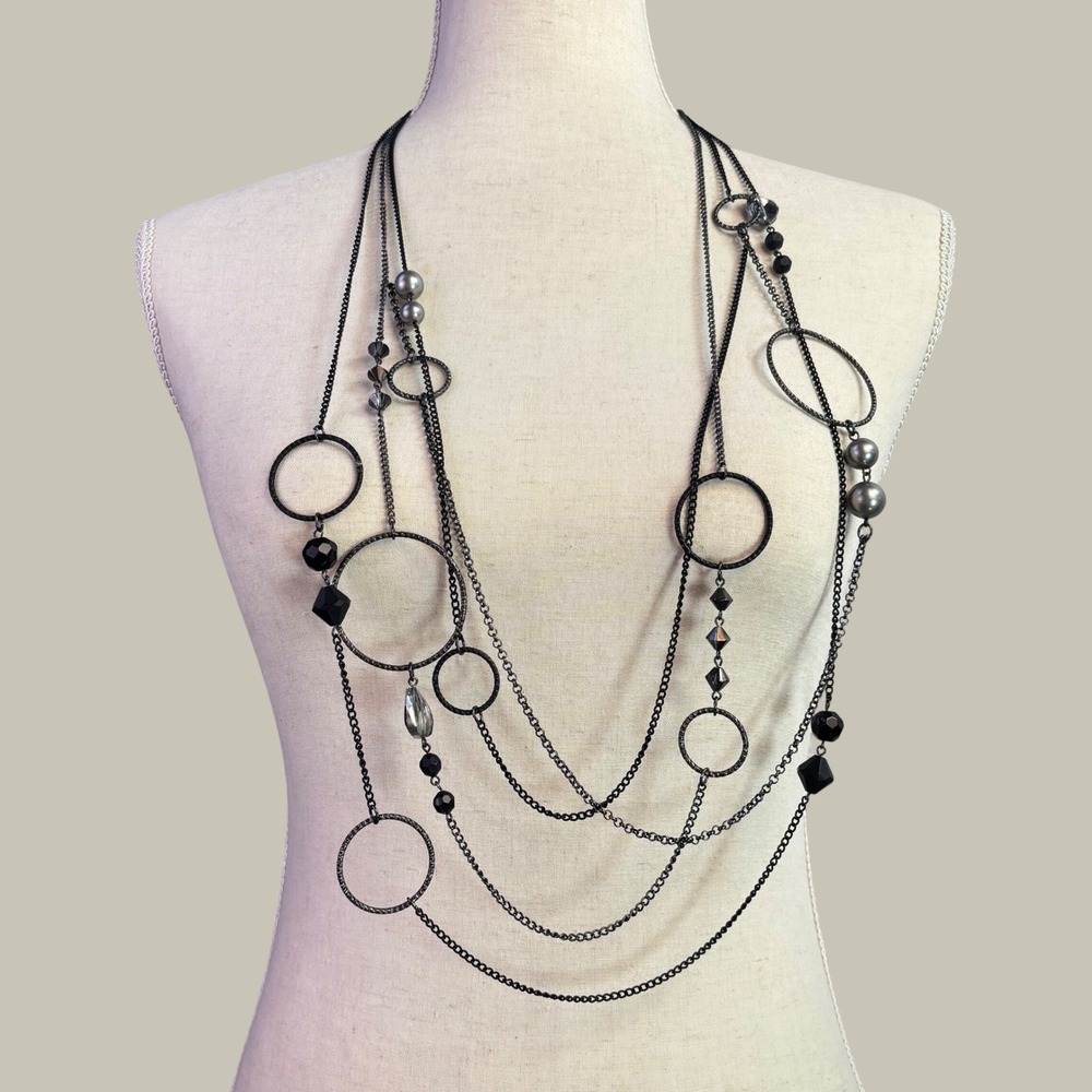 Goth Statement Necklace Express Gunmetal Black Multi Strand Geometric Hoop Bead